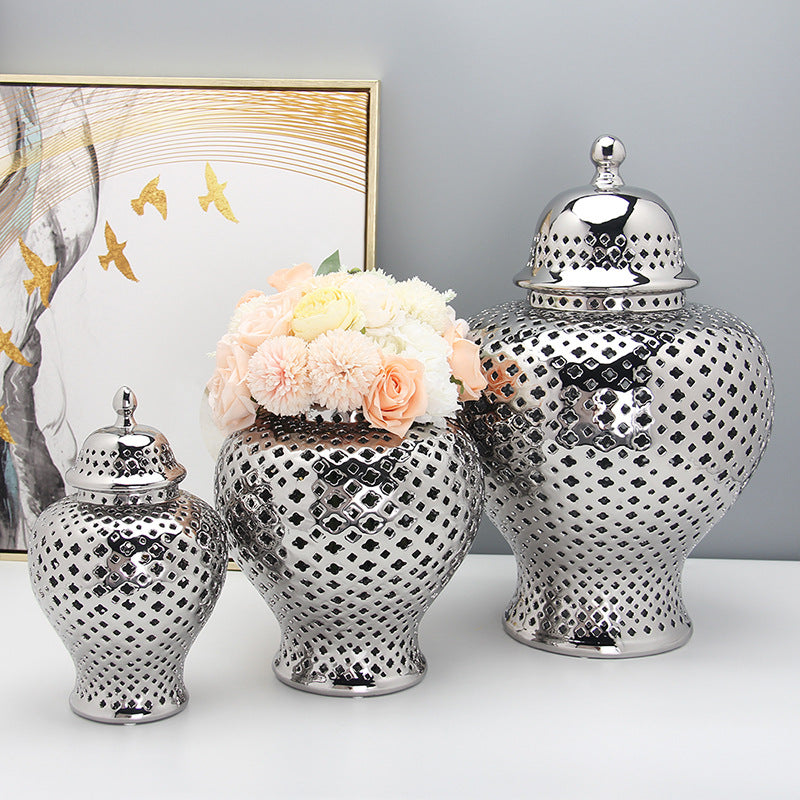 Modern Hollow Ceramic Vase – Electroplated Porcelain Decor