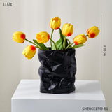 Modern Pleated Ceramic Vase – Nordic Luxury Decor with Tulips
