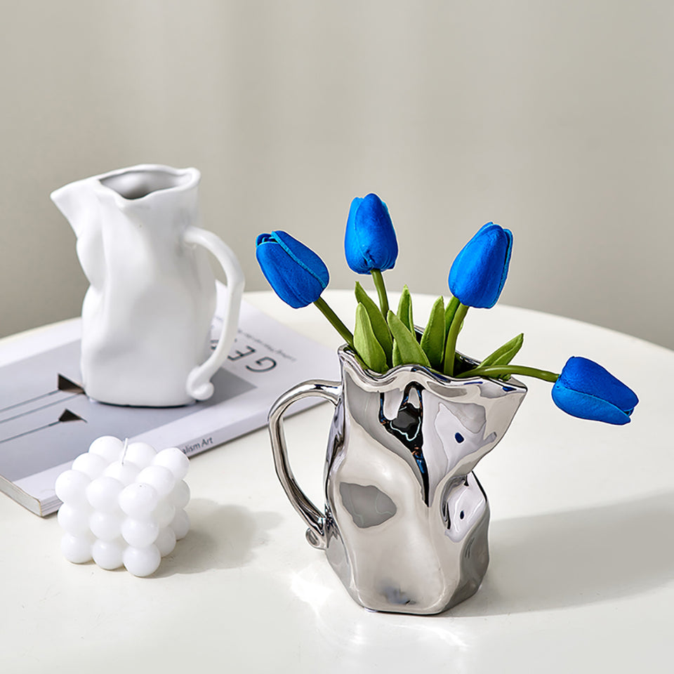 Modern Pleated Ceramic Vase – Nordic Luxury Decor with Tulips